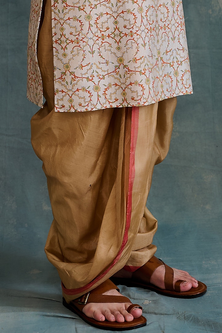 Beige Tussar Block Printed & Zardosi Embroidered Kurta Set by Krishna Mehta Men at Pernia's Pop Up Shop
