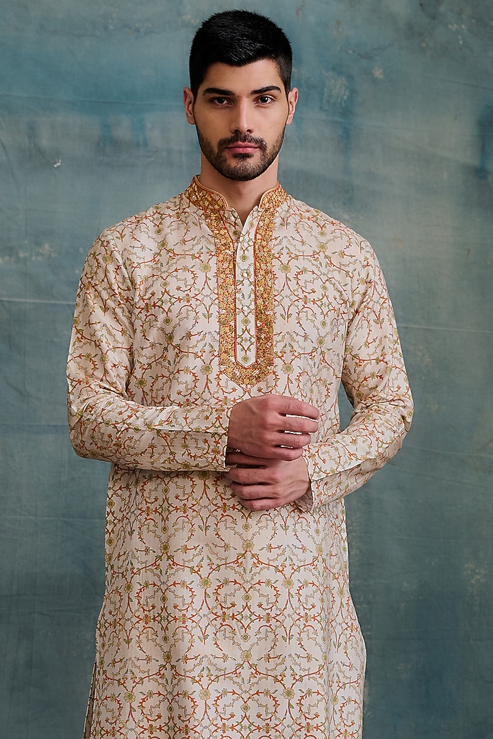 Beige Tussar Block Printed & Zardosi Embroidered Kurta Set by Krishna Mehta Men at Pernia's Pop Up Shop