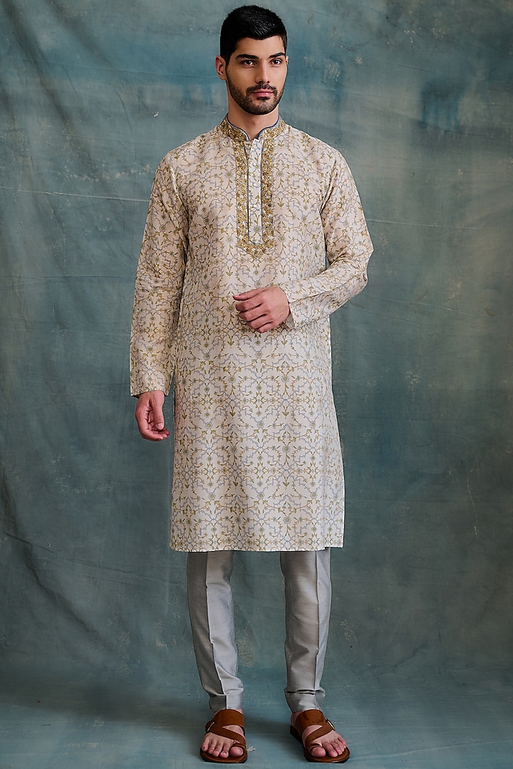 Gold Tussar Block Printed & Zardosi Embroidered Kurta Set by Krishna Mehta Men at Pernia's Pop Up Shop