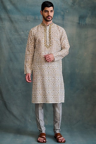Gold Tussar Block Printed & Zardosi Embroidered Kurta Set by Krishna Mehta Men