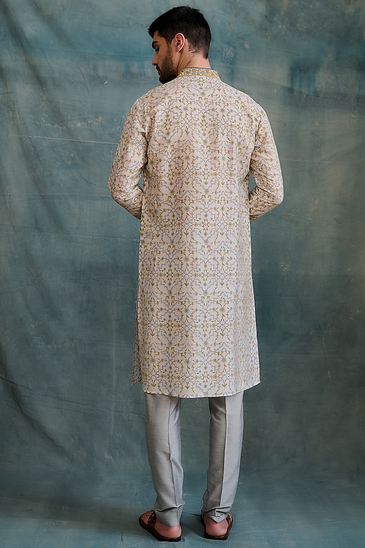 Gold Tussar Block Printed & Zardosi Embroidered Kurta Set by Krishna Mehta Men at Pernia's Pop Up Shop