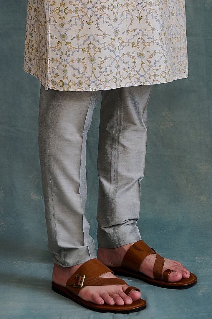 Gold Tussar Block Printed & Zardosi Embroidered Kurta Set by Krishna Mehta Men at Pernia's Pop Up Shop