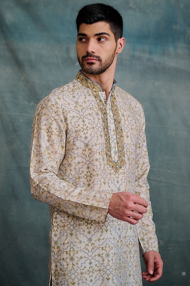 Gold Tussar Block Printed & Zardosi Embroidered Kurta Set by Krishna Mehta Men at Pernia's Pop Up Shop