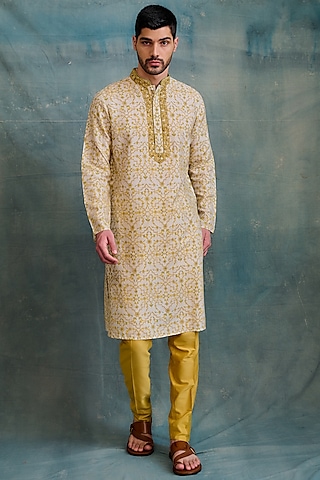 Gold-Yellow Tussar Block Printed & Zardosi Embroidered Kurta Set by Krishna Mehta Men