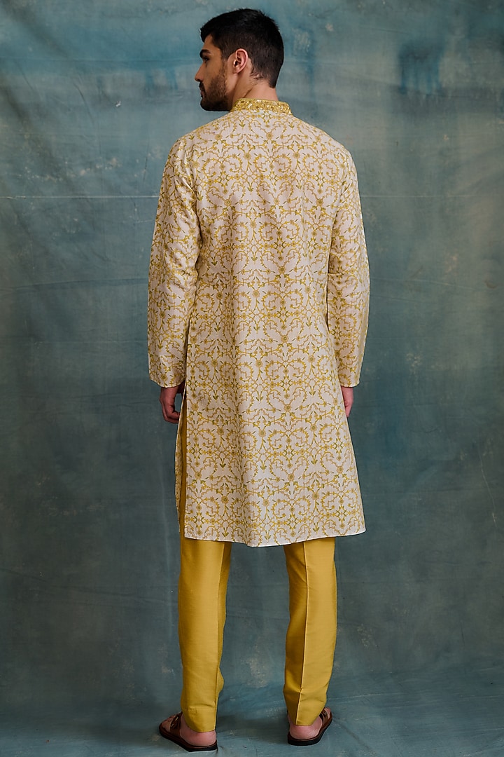 Gold-Yellow Tussar Block Printed & Zardosi Embroidered Kurta Set by Krishna Mehta Men at Pernia's Pop Up Shop