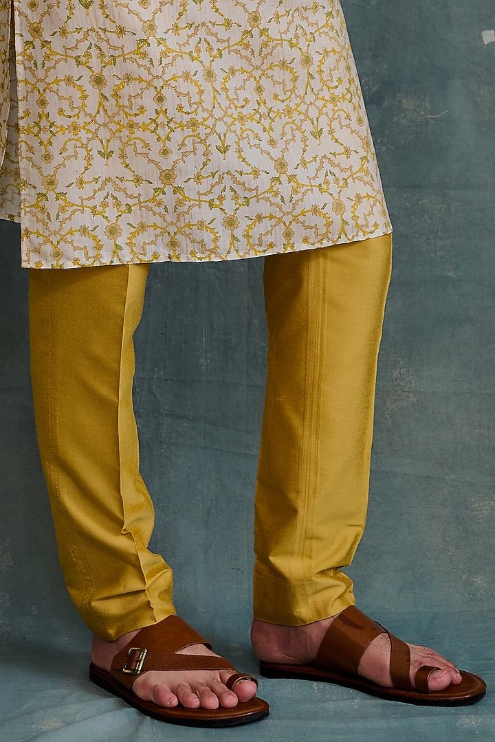 Gold-Yellow Tussar Block Printed & Zardosi Embroidered Kurta Set by Krishna Mehta Men at Pernia's Pop Up Shop