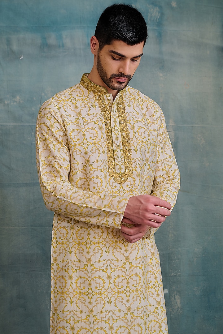 Gold-Yellow Tussar Block Printed & Zardosi Embroidered Kurta Set by Krishna Mehta Men at Pernia's Pop Up Shop