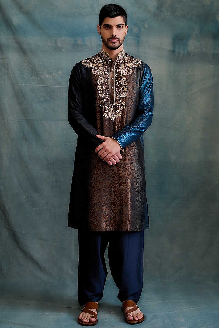 Brown-Blue Shaded Tussar Block Printed & Zardosi Embroidered Kurta Set by Krishna Mehta Men