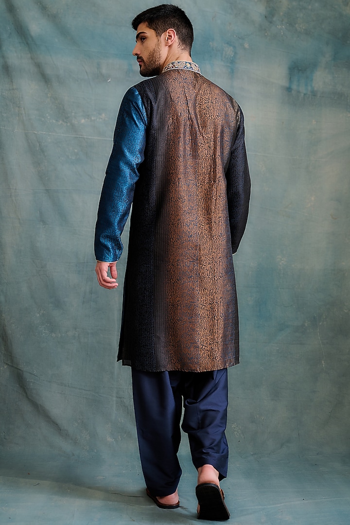 Brown-Blue Shaded Tussar Block Printed & Zardosi Embroidered Kurta Set by Krishna Mehta Men at Pernia's Pop Up Shop