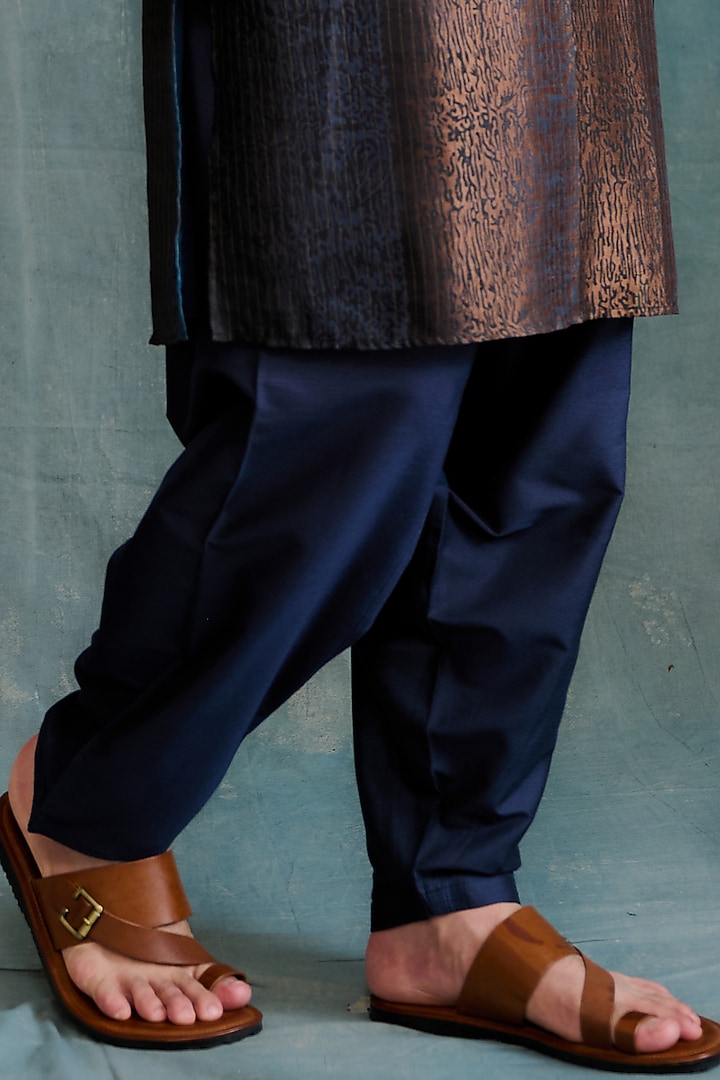 Brown-Blue Shaded Tussar Block Printed & Zardosi Embroidered Kurta Set by Krishna Mehta Men at Pernia's Pop Up Shop