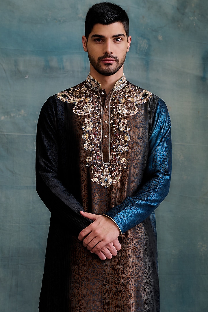 Brown-Blue Shaded Tussar Block Printed & Zardosi Embroidered Kurta Set by Krishna Mehta Men at Pernia's Pop Up Shop
