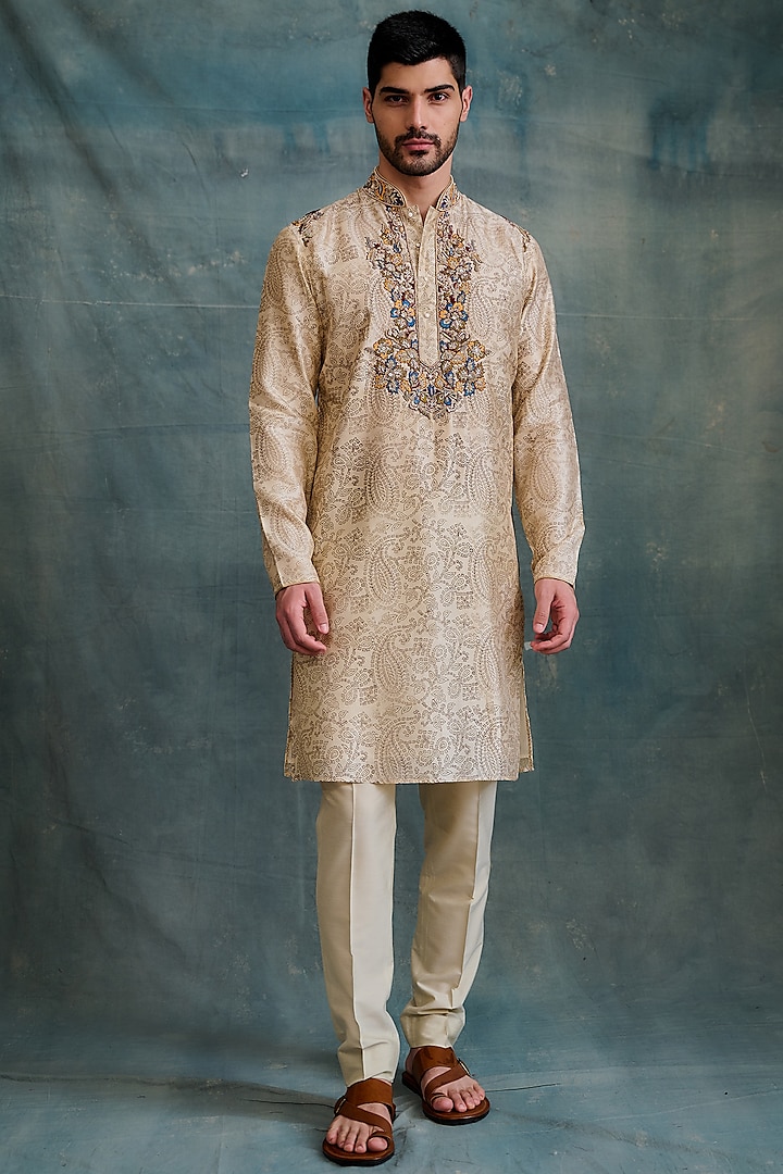 Beige Tussar Block Printed & Zardosi Embroidered Kurta Set by Krishna Mehta Men