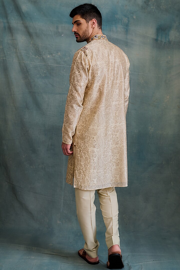 Beige Tussar Block Printed & Zardosi Embroidered Kurta Set by Krishna Mehta Men at Pernia's Pop Up Shop