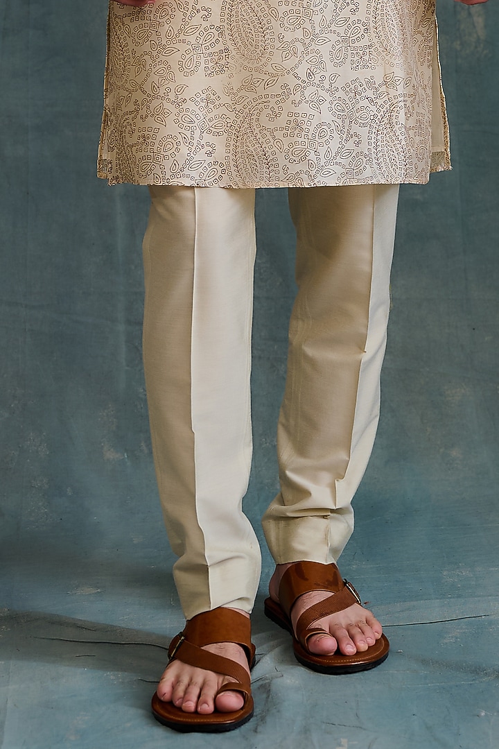 Beige Tussar Block Printed & Zardosi Embroidered Kurta Set by Krishna Mehta Men at Pernia's Pop Up Shop