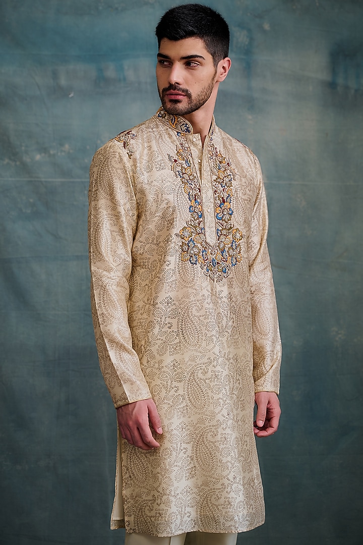 Beige Tussar Block Printed & Zardosi Embroidered Kurta Set by Krishna Mehta Men at Pernia's Pop Up Shop