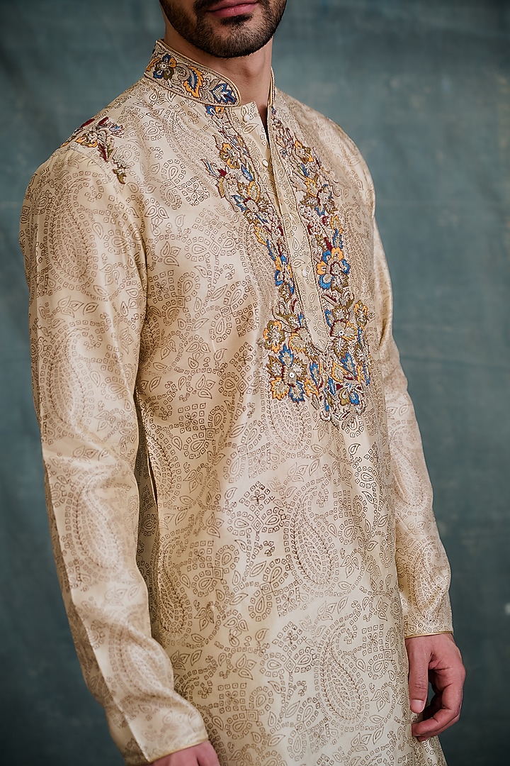 Beige Tussar Block Printed & Zardosi Embroidered Kurta Set by Krishna Mehta Men at Pernia's Pop Up Shop