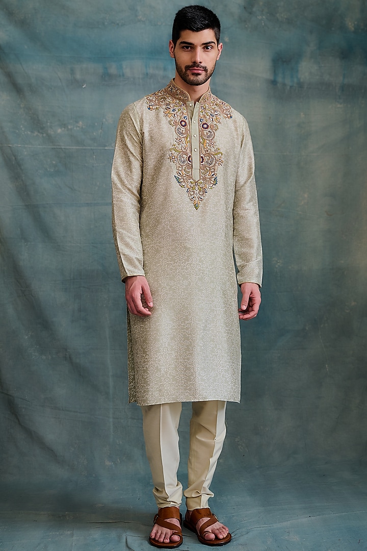 Light Green Tussar Block Printed & Zardosi Embroidered Kurta Set by Krishna Mehta Men