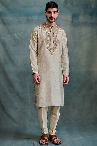 Light Green Tussar Block Printed & Zardosi Embroidered Kurta Set by Krishna Mehta Men