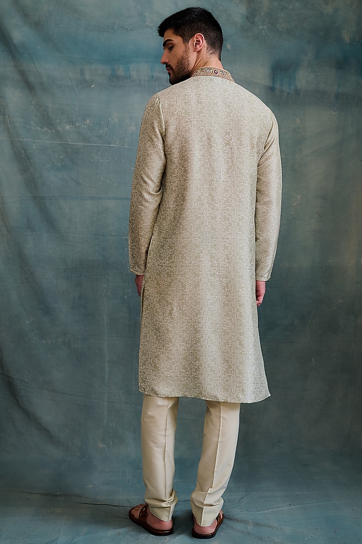 Light Green Tussar Block Printed & Zardosi Embroidered Kurta Set by Krishna Mehta Men at Pernia's Pop Up Shop