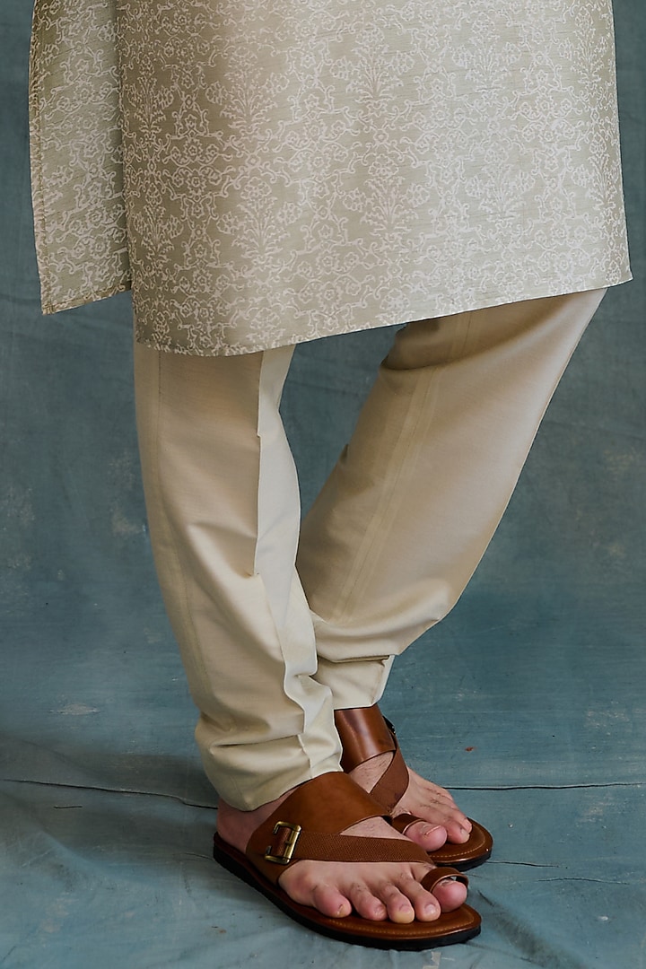 Light Green Tussar Block Printed & Zardosi Embroidered Kurta Set by Krishna Mehta Men at Pernia's Pop Up Shop