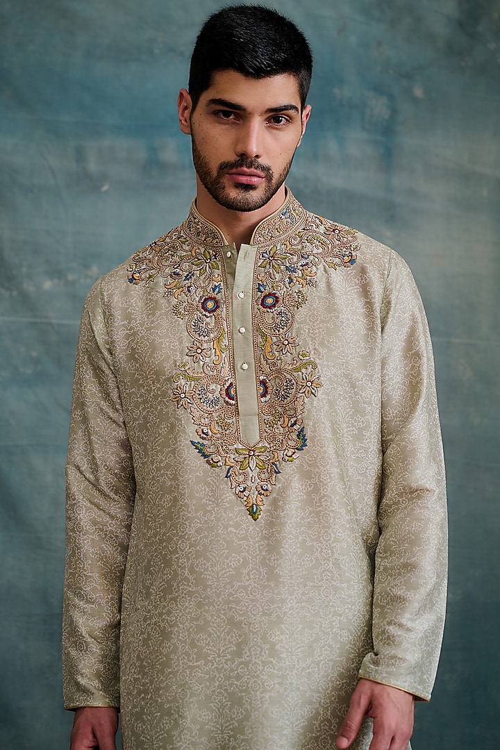 Light Green Tussar Block Printed & Zardosi Embroidered Kurta Set by Krishna Mehta Men at Pernia's Pop Up Shop