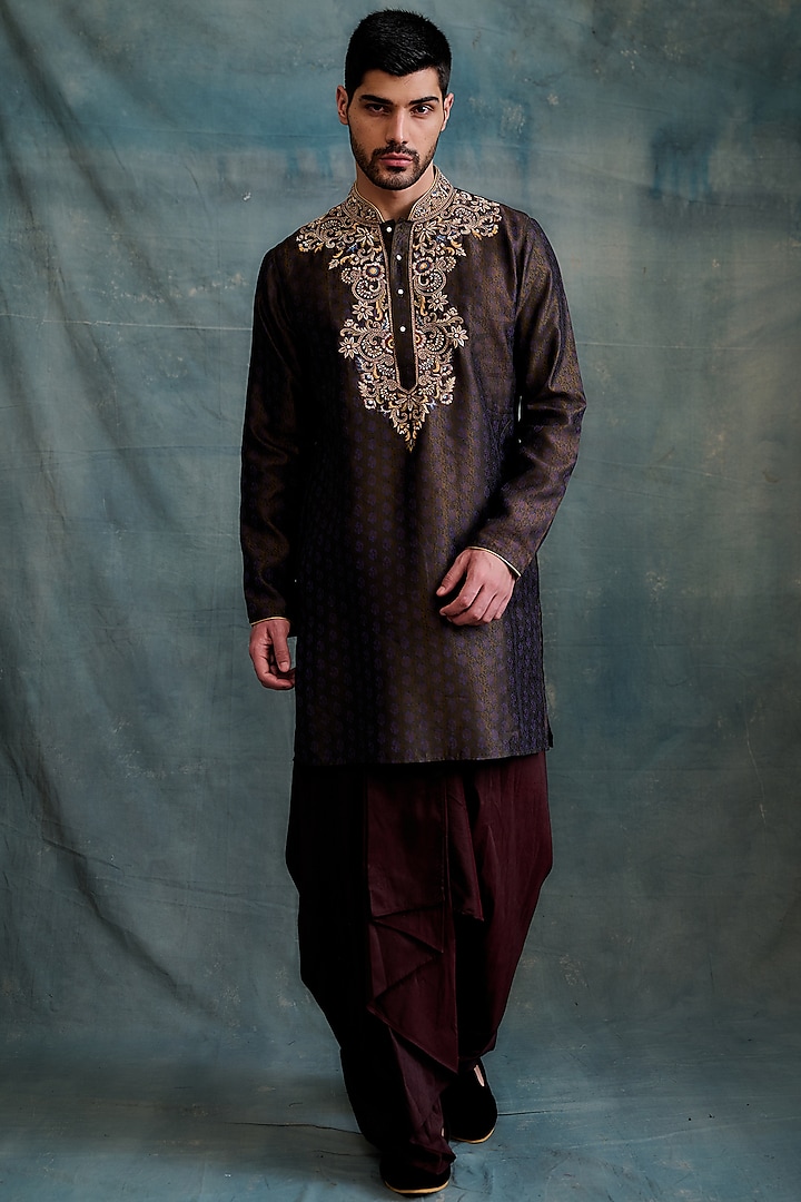 Brown Tussar Block Printed & Zardosi Embroidered Kurta Set by Krishna Mehta Men