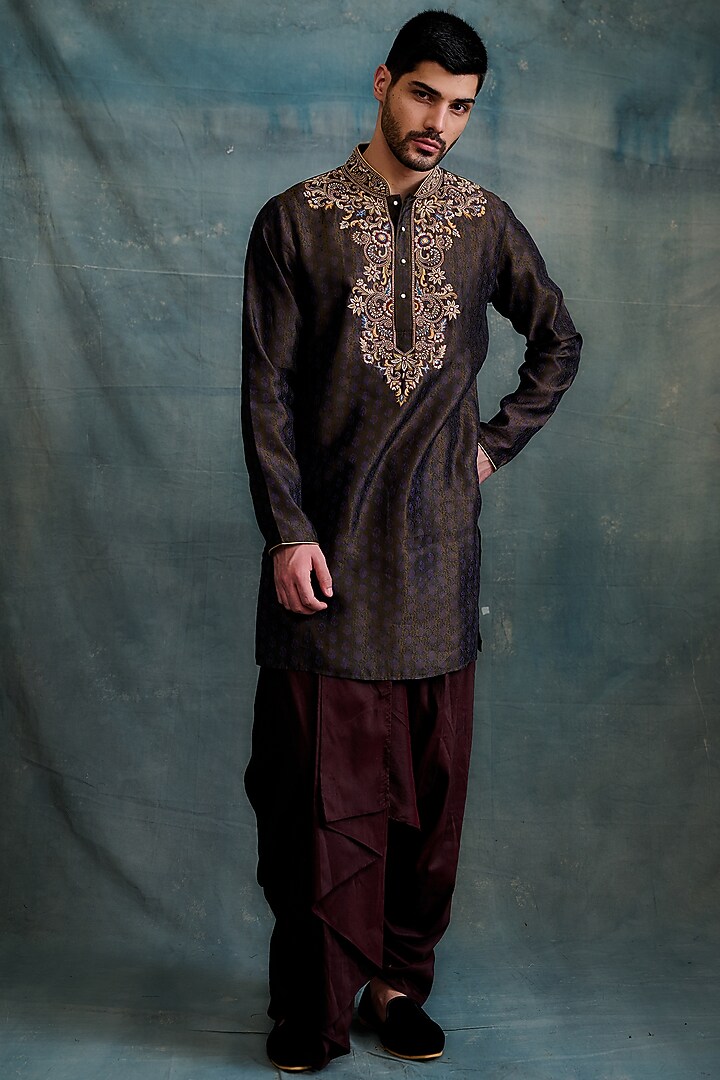 Brown Tussar Block Printed & Zardosi Embroidered Kurta Set by Krishna Mehta Men at Pernia's Pop Up Shop