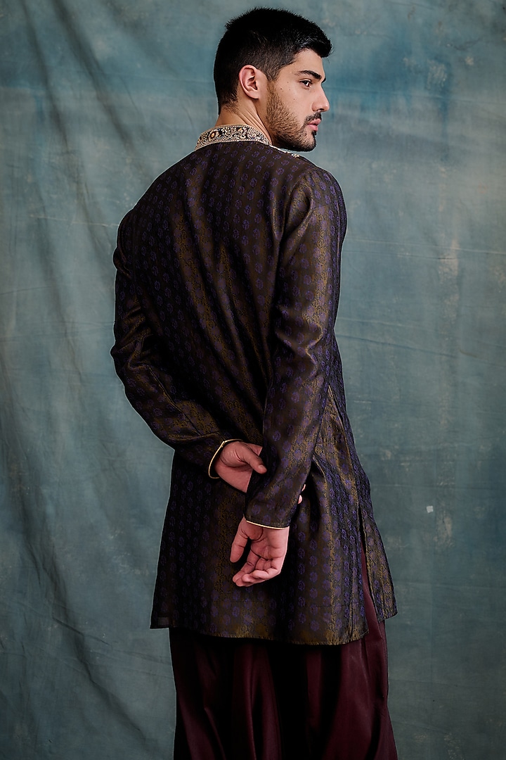 Brown Tussar Block Printed & Zardosi Embroidered Kurta Set by Krishna Mehta Men at Pernia's Pop Up Shop