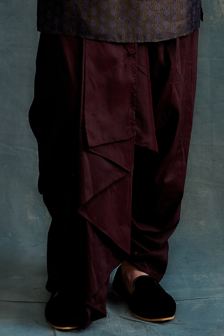 Brown Tussar Block Printed & Zardosi Embroidered Kurta Set by Krishna Mehta Men at Pernia's Pop Up Shop