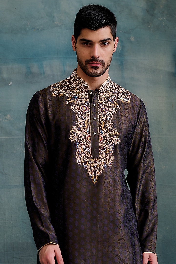 Brown Tussar Block Printed & Zardosi Embroidered Kurta Set by Krishna Mehta Men at Pernia's Pop Up Shop