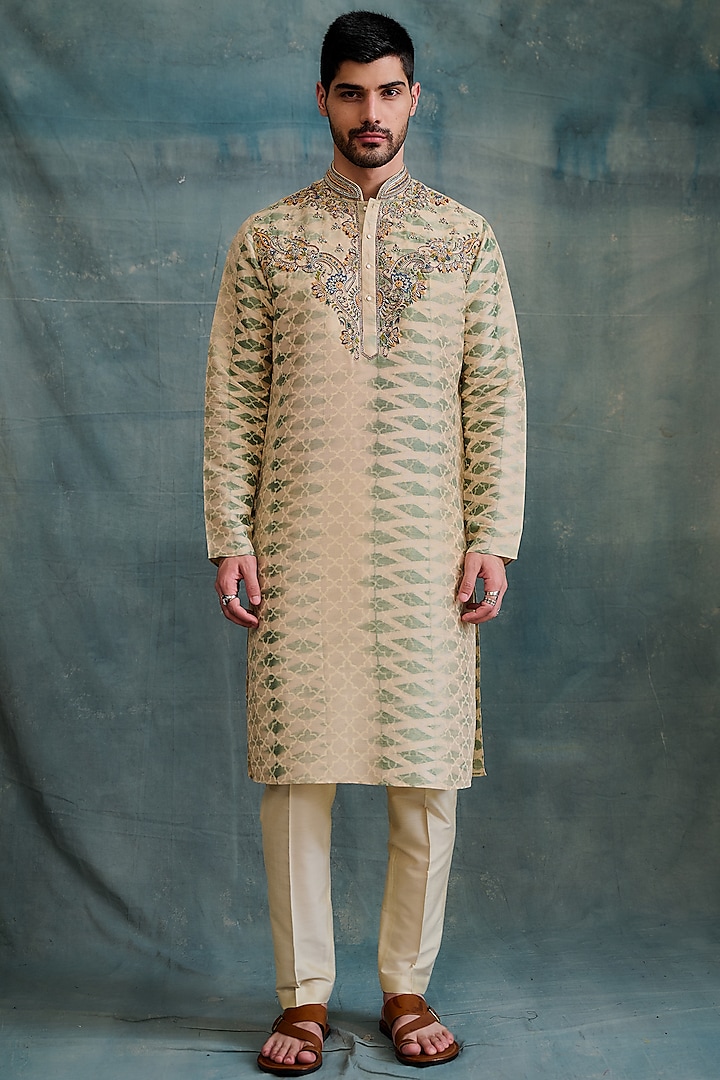 Beige Tie-Dye Tussar Block Printed & Zardosi Embroidered Kurta Set by Krishna Mehta Men