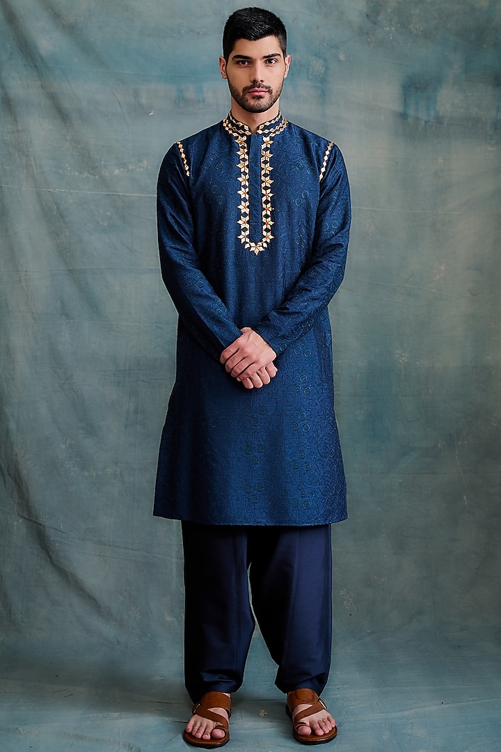 Indigo Tussar Gota Work Kurta Set by Krishna Mehta Men