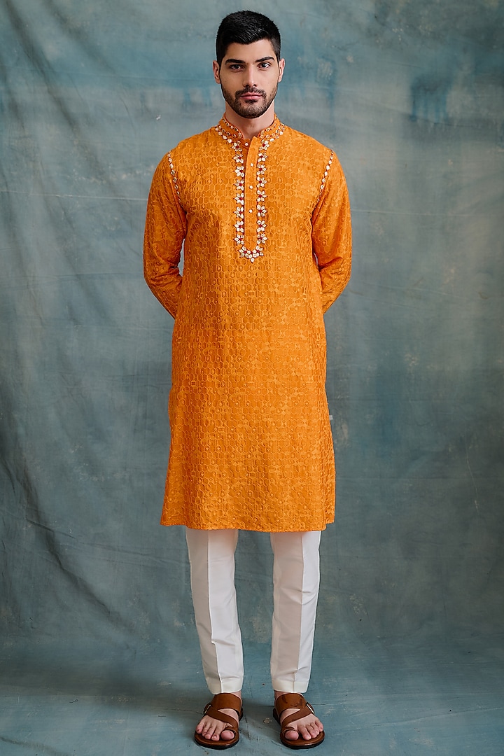 Orange Tussar Gota Work Kurta Set by Krishna Mehta Men