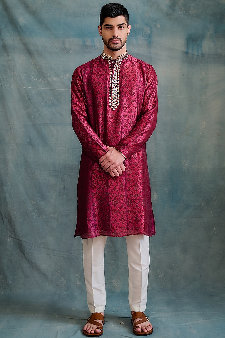 Magenta Tussar Block Printed & Hand Embroidered Kurta Set by Krishna Mehta Men