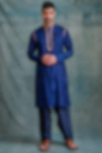 Navy Tussar Gota Work Kurta Set by Krishna Mehta Men