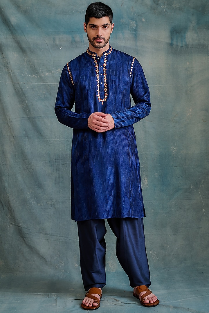 Navy Tussar Gota Work Kurta Set by Krishna Mehta Men