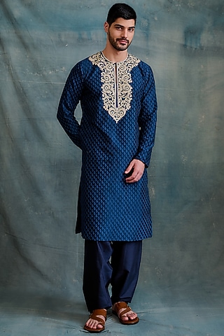 Navy Chanderi Gota Work & Block Printed Kurta Set by Krishna Mehta Men