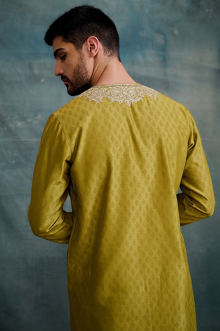 Olive Chanderi Marodi Hand Embroidered & Block Printed Kurta Set by Krishna Mehta Men at Pernia's Pop Up Shop