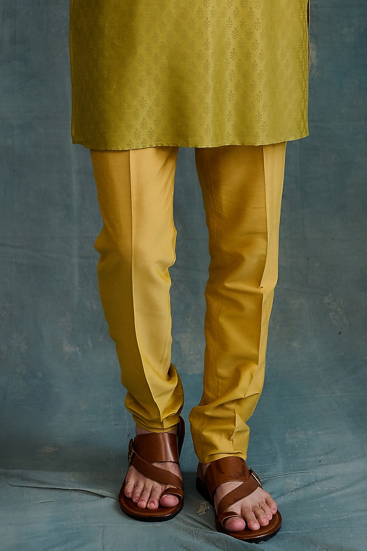 Olive Chanderi Marodi Hand Embroidered & Block Printed Kurta Set by Krishna Mehta Men at Pernia's Pop Up Shop