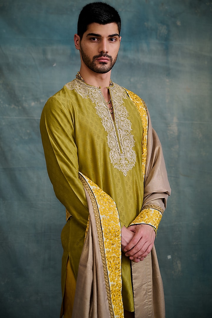 Olive Chanderi Marodi Hand Embroidered & Block Printed Kurta Set by Krishna Mehta Men at Pernia's Pop Up Shop
