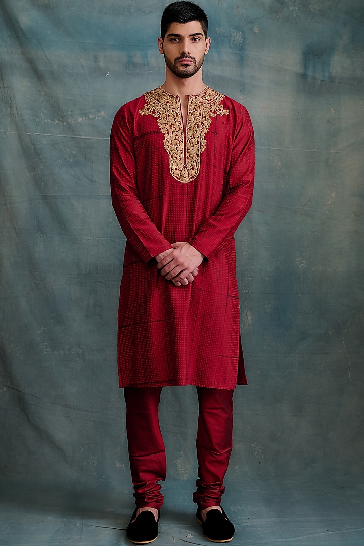 Red Tussar Block Printed & Marodi Hand Embroidered Kurta Set by Krishna Mehta Men