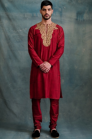 Red Tussar Block Printed & Marodi Hand Embroidered Kurta Set by Krishna Mehta Men