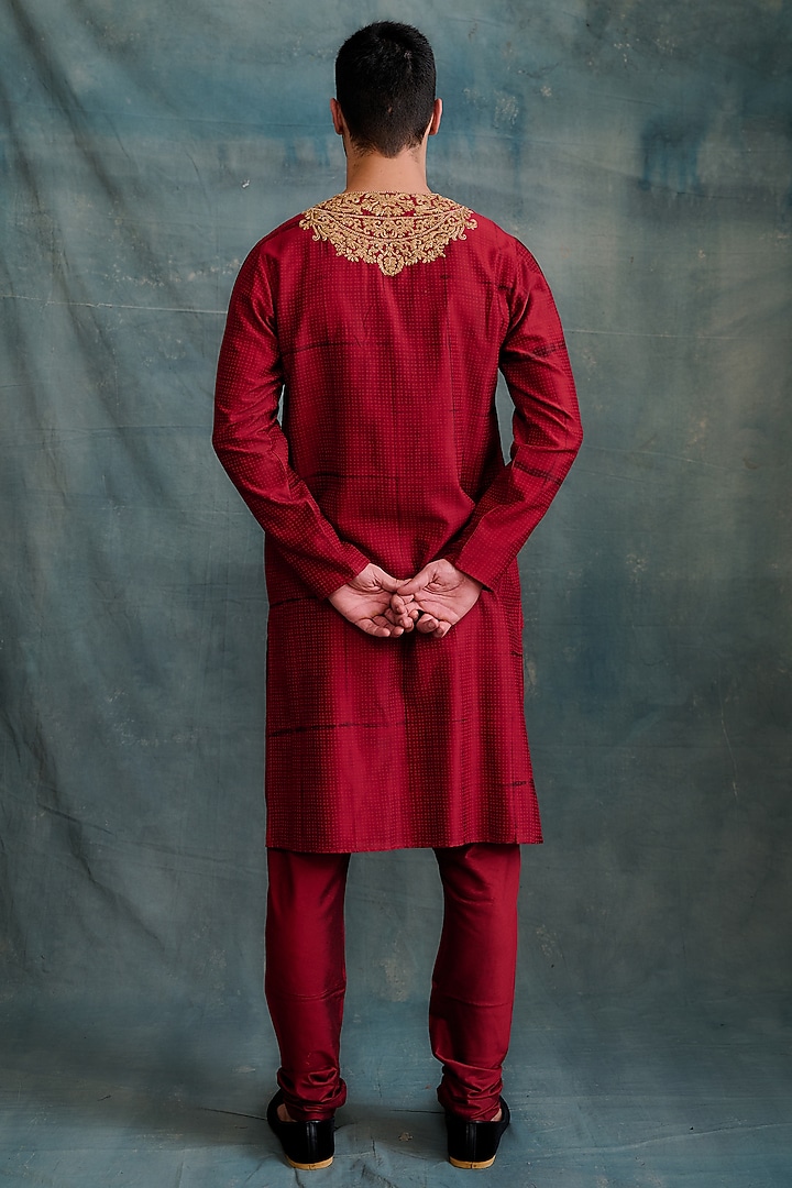 Red Tussar Block Printed & Marodi Hand Embroidered Kurta Set by Krishna Mehta Men at Pernia's Pop Up Shop
