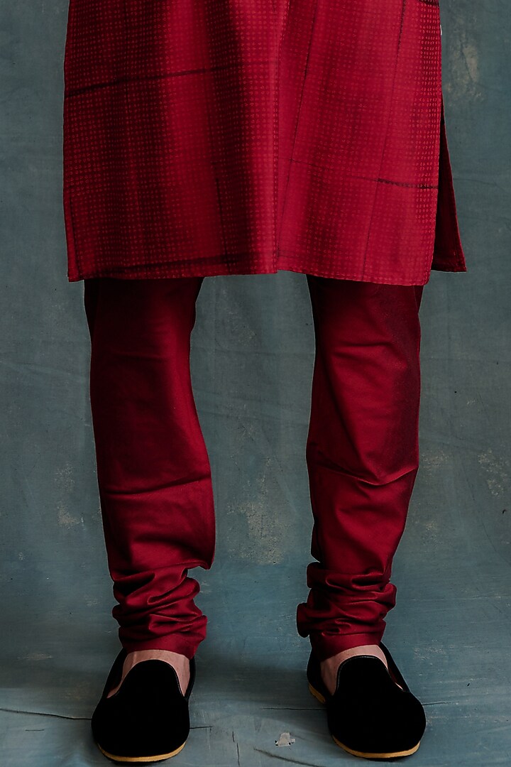 Red Tussar Block Printed & Marodi Hand Embroidered Kurta Set by Krishna Mehta Men at Pernia's Pop Up Shop