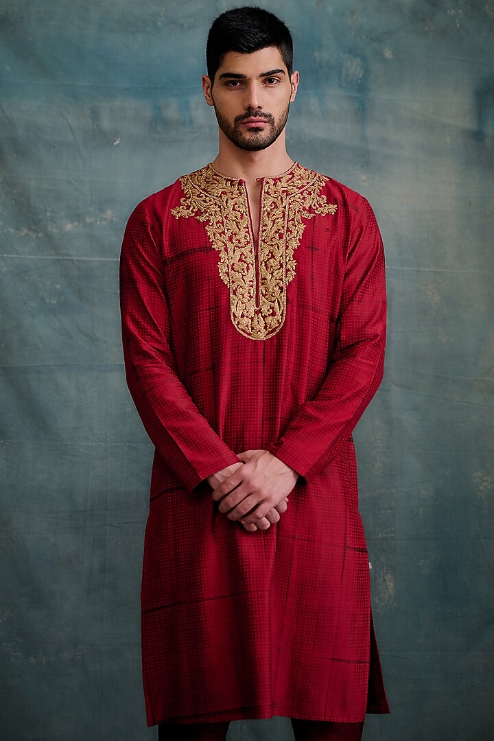 Red Tussar Block Printed & Marodi Hand Embroidered Kurta Set by Krishna Mehta Men at Pernia's Pop Up Shop
