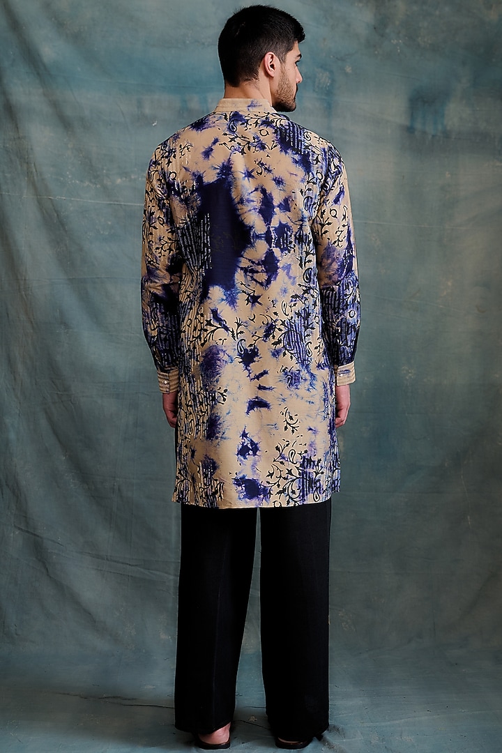 Beige & Blue Tie-Dye Tussar Floral Block Printed Kurta Set by Krishna Mehta Men at Pernia's Pop Up Shop
