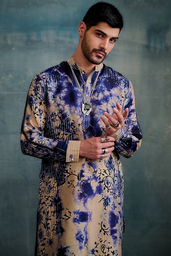 Beige & Blue Tie-Dye Tussar Floral Block Printed Kurta Set by Krishna Mehta Men at Pernia's Pop Up Shop
