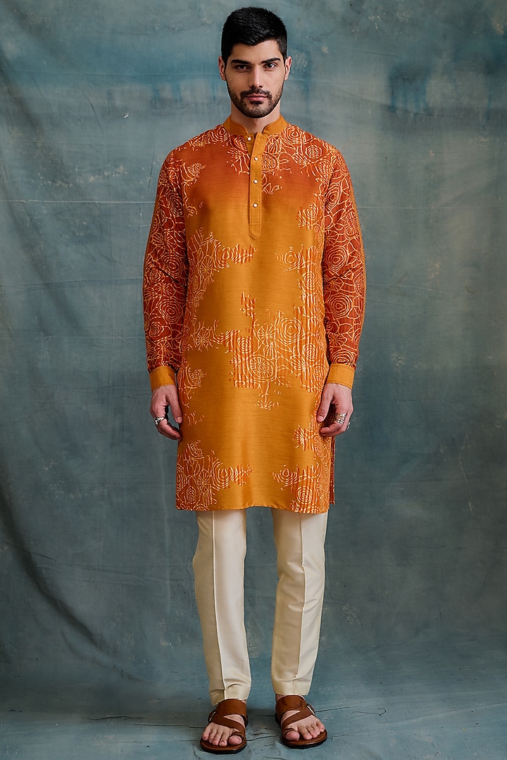 Orange-Shaded Tussar Block Printed Kurta Set by Krishna Mehta Men