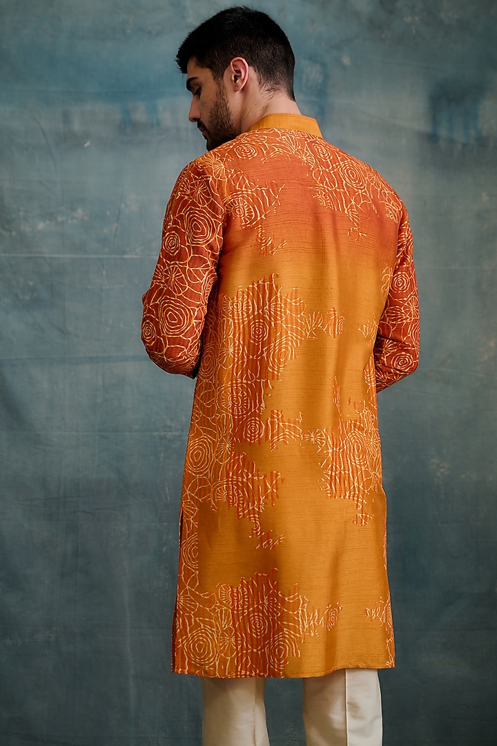 Orange-Shaded Tussar Block Printed Kurta Set by Krishna Mehta Men at Pernia's Pop Up Shop