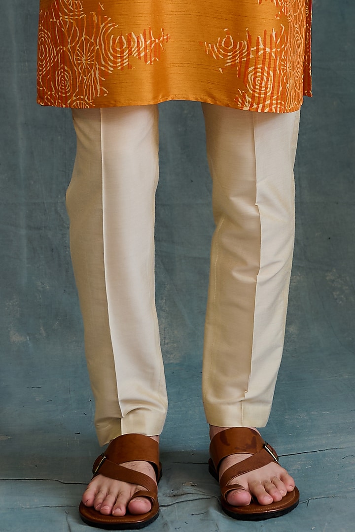 Orange-Shaded Tussar Block Printed Kurta Set by Krishna Mehta Men at Pernia's Pop Up Shop